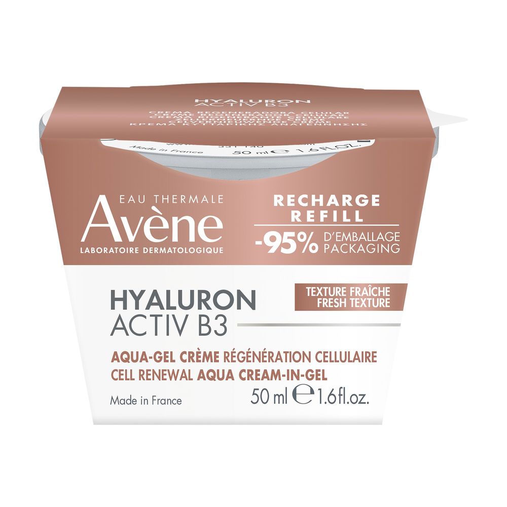 Refillable aqua gel cream jar labeled Hyaluron Activ B3 by Avène