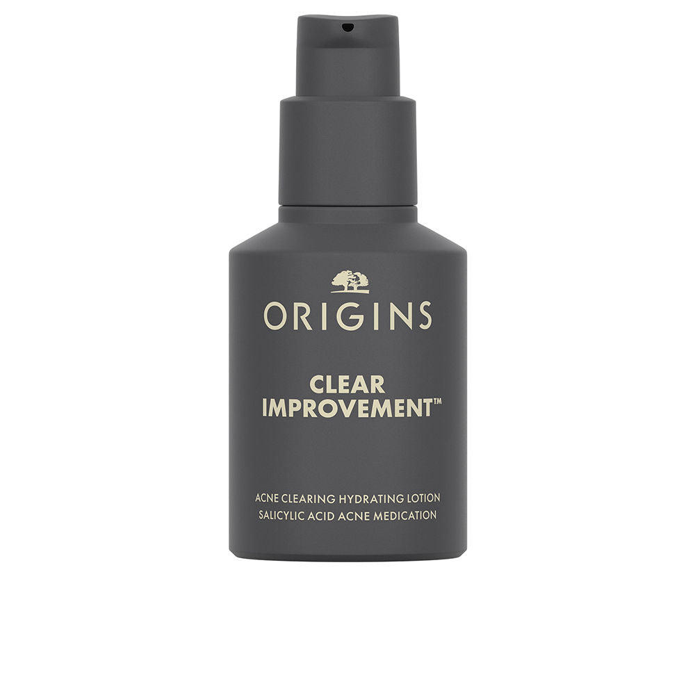 Origins Dark gray minimalist plastic lotion bottle with pump dispenser, salicylic acne treatment and moisturizer