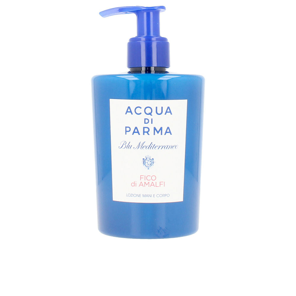 Acqua di Parma Blue plastic hand and body lotion bottle with pump, rectangular label, logo and label text