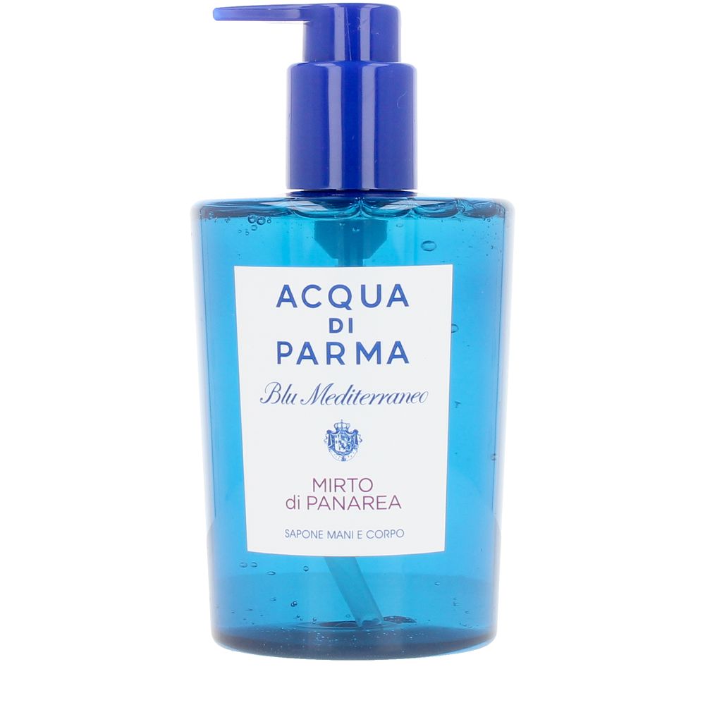Acqua di Parma Blue transparent plastic liquid soap dispenser with pump, white label and visible pale blue liquid