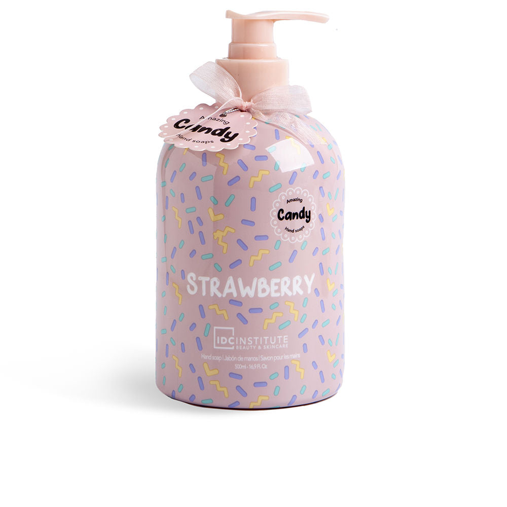 IDC Institute Light pink plastic pump hand soap with multicolor sprinkle pattern, ribbon bow, label tag, rounded bottle