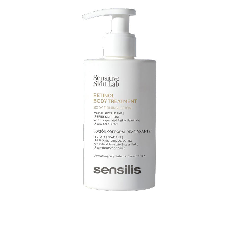 Sleek bottle of Sensilis Rejuvenating Body Lotion on neutral backdrop