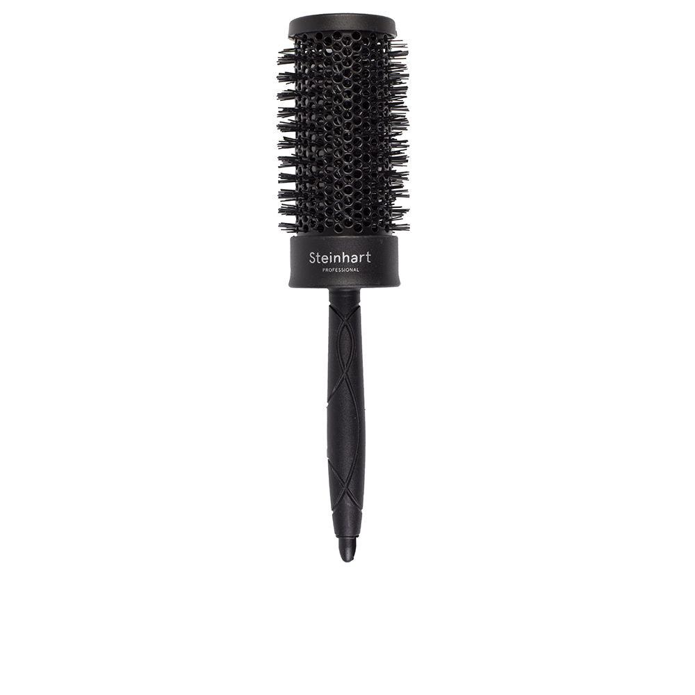 Black round hairbrush with ceramic barrel and nylon bristles, professional styling tool