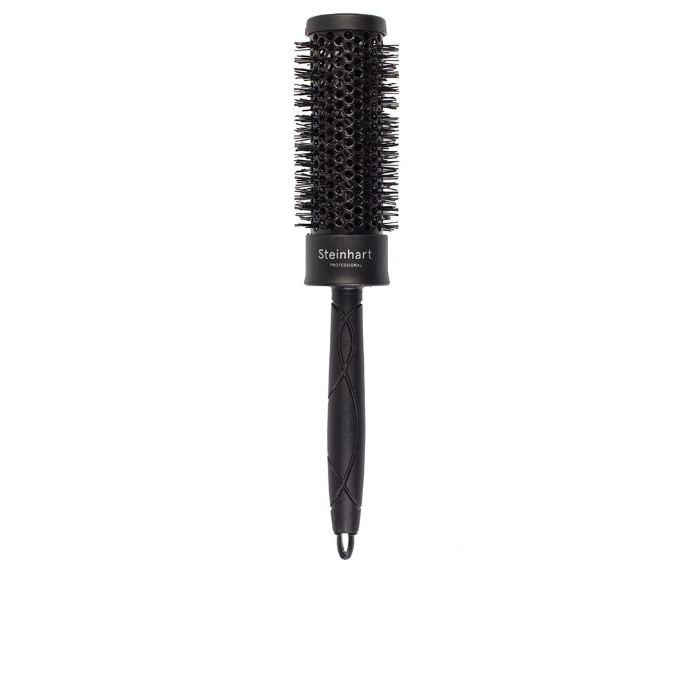 Black round ceramic barrel brush with vented design, professional ionic styling