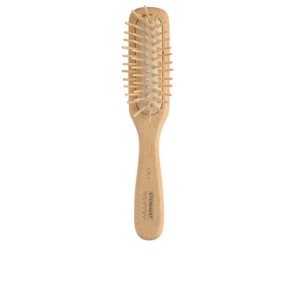 Compact flat maple wood hairbrush with latex cushion and rounded wooden pins, 215 mm