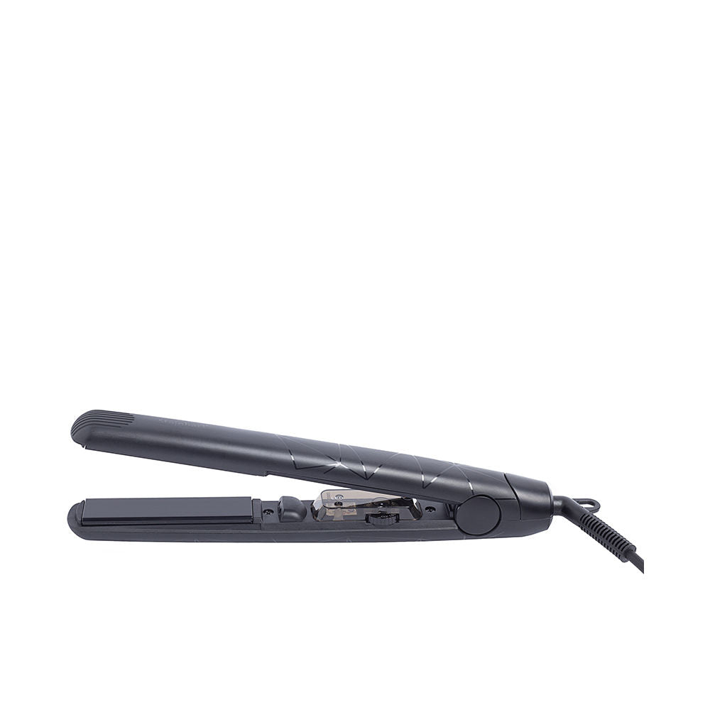 Black ceramic flat iron with 90×24 mm plates, 3 m swivel cord, included clips and pouch