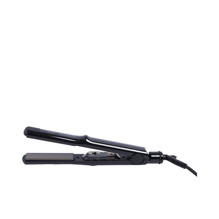 Matte black titanium nano-tourmaline hair straightener with rounded barrel