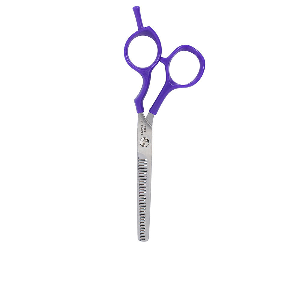 Offset stainless-steel hair scissors with micro-serrated blade and adjustable screw, lilac handles
