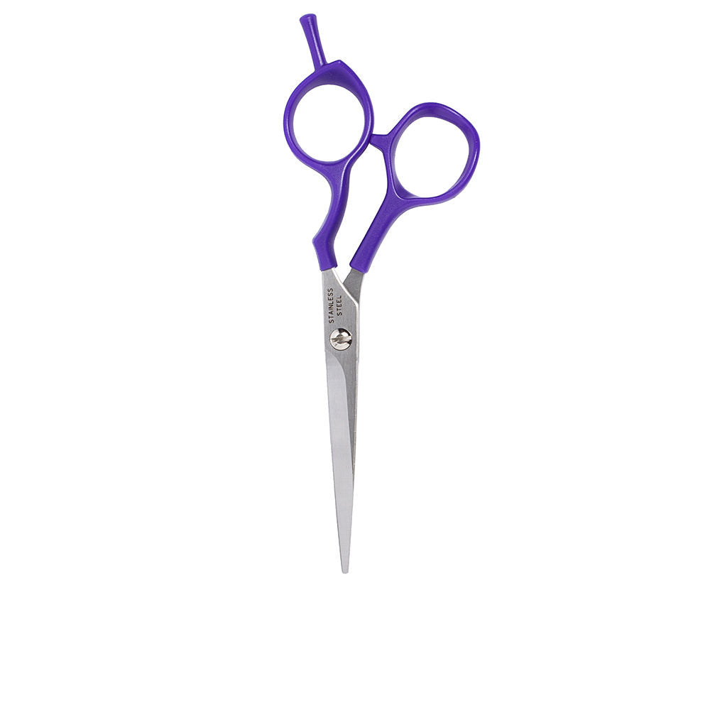 Offset stainless steel hair scissors, micro-serrated blade, adjustable screw, 14 cm, lilac handle