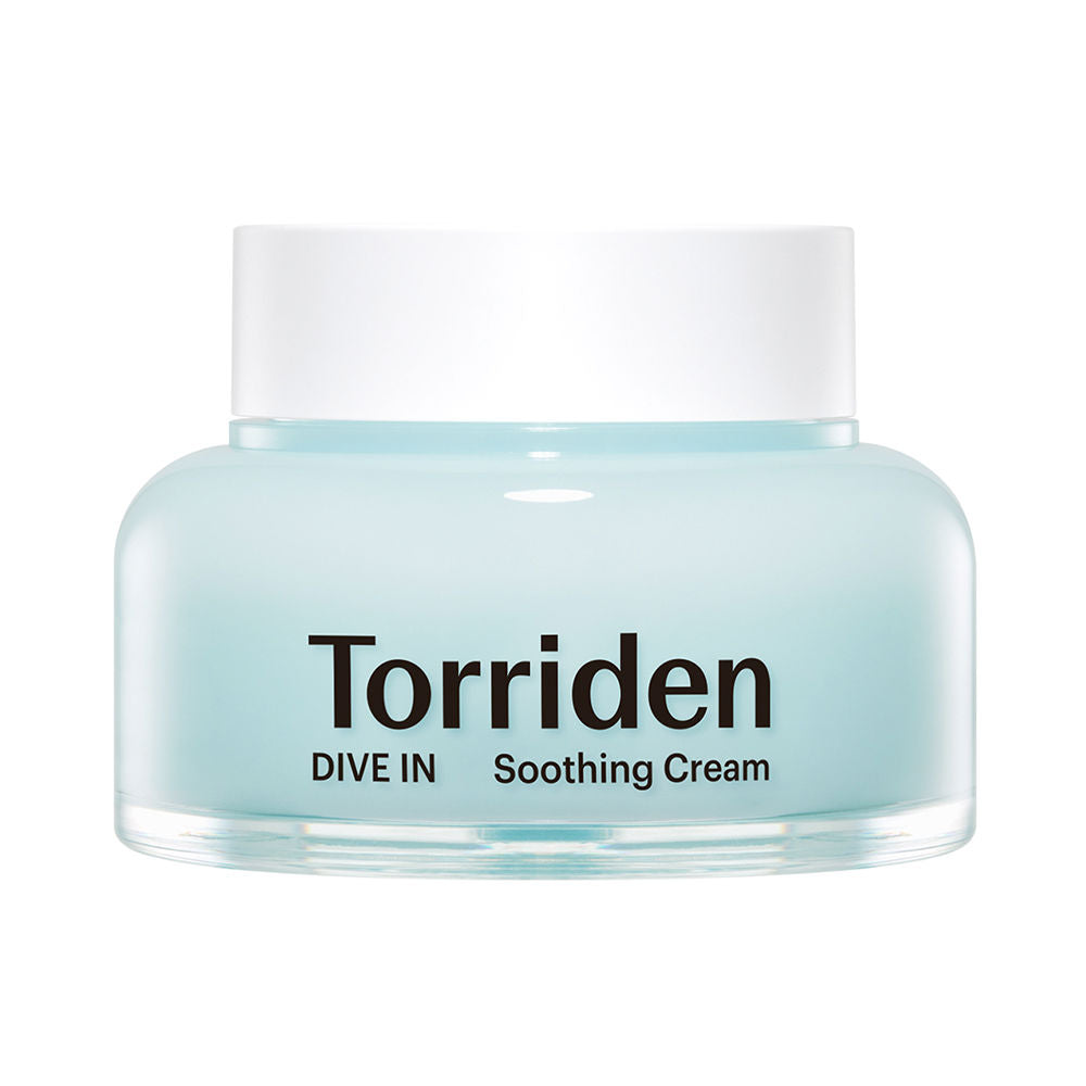 Torriden Minimalist round glass jar face cream in light blue and white with white screw-on lid and black text