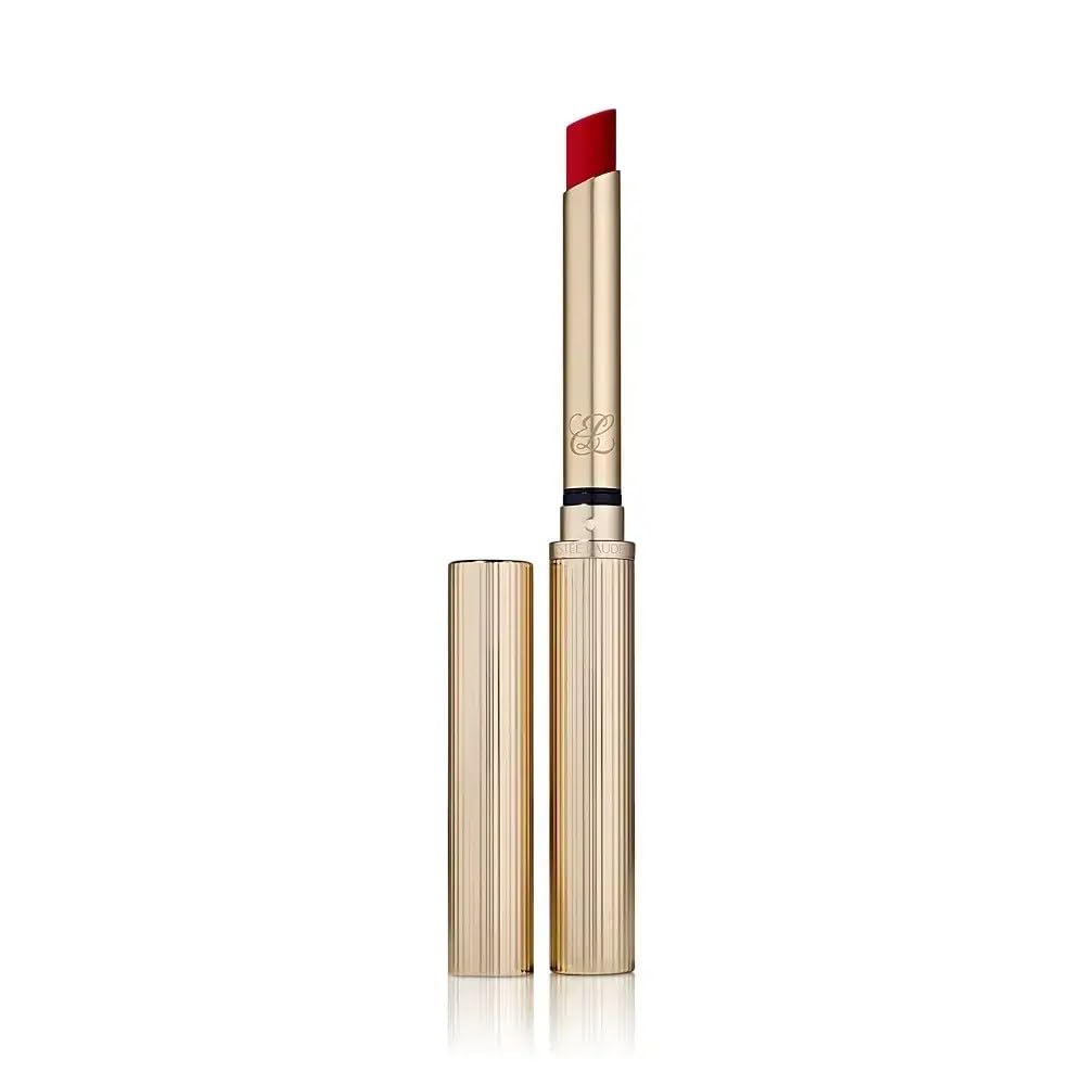 Estée Lauder Slim gold-fluted lipstick tube revealing rich red matte bullet, masterfully finished and elegantly simple