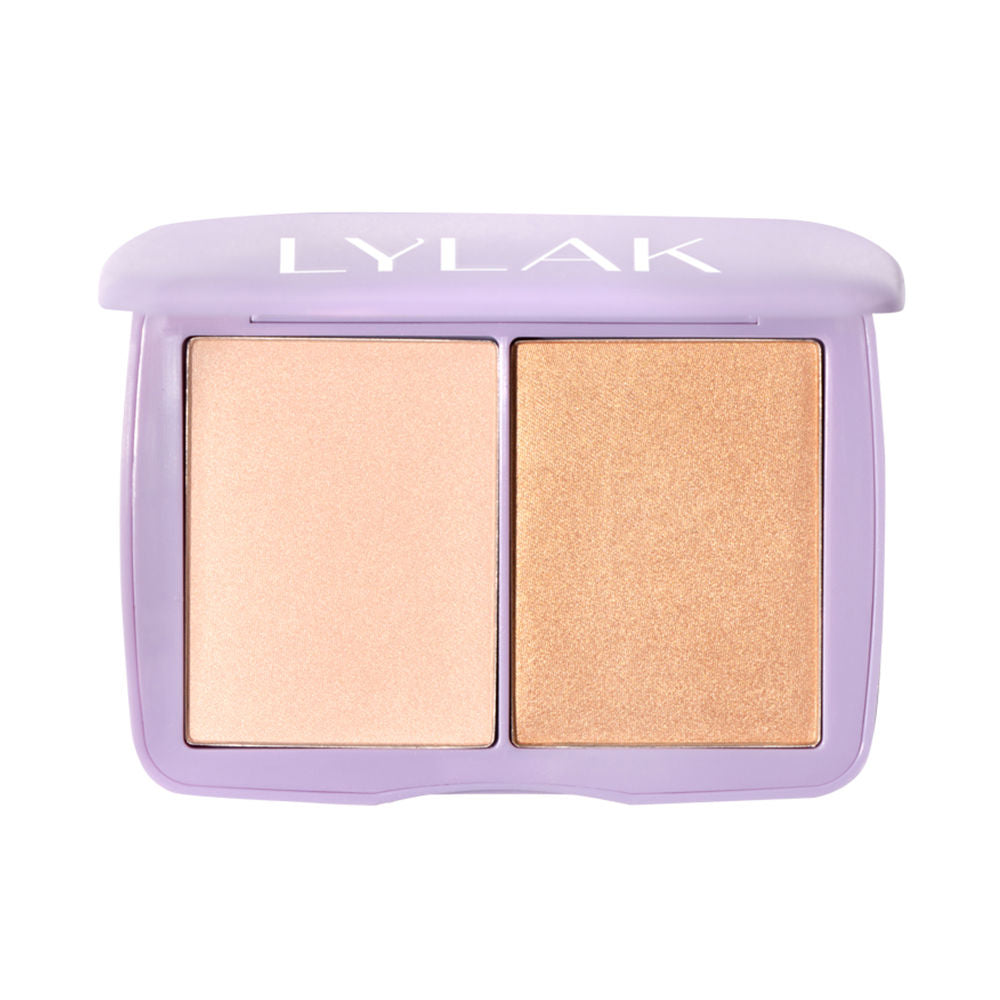 Compact duo highlighter palette 'Going Out' warm-golden powders with built-in mirror