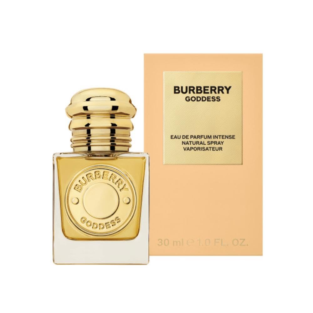 Burberry Amber glass perfume bottle with gold emblem and cylindrical cap, refined silhouette and warm glow