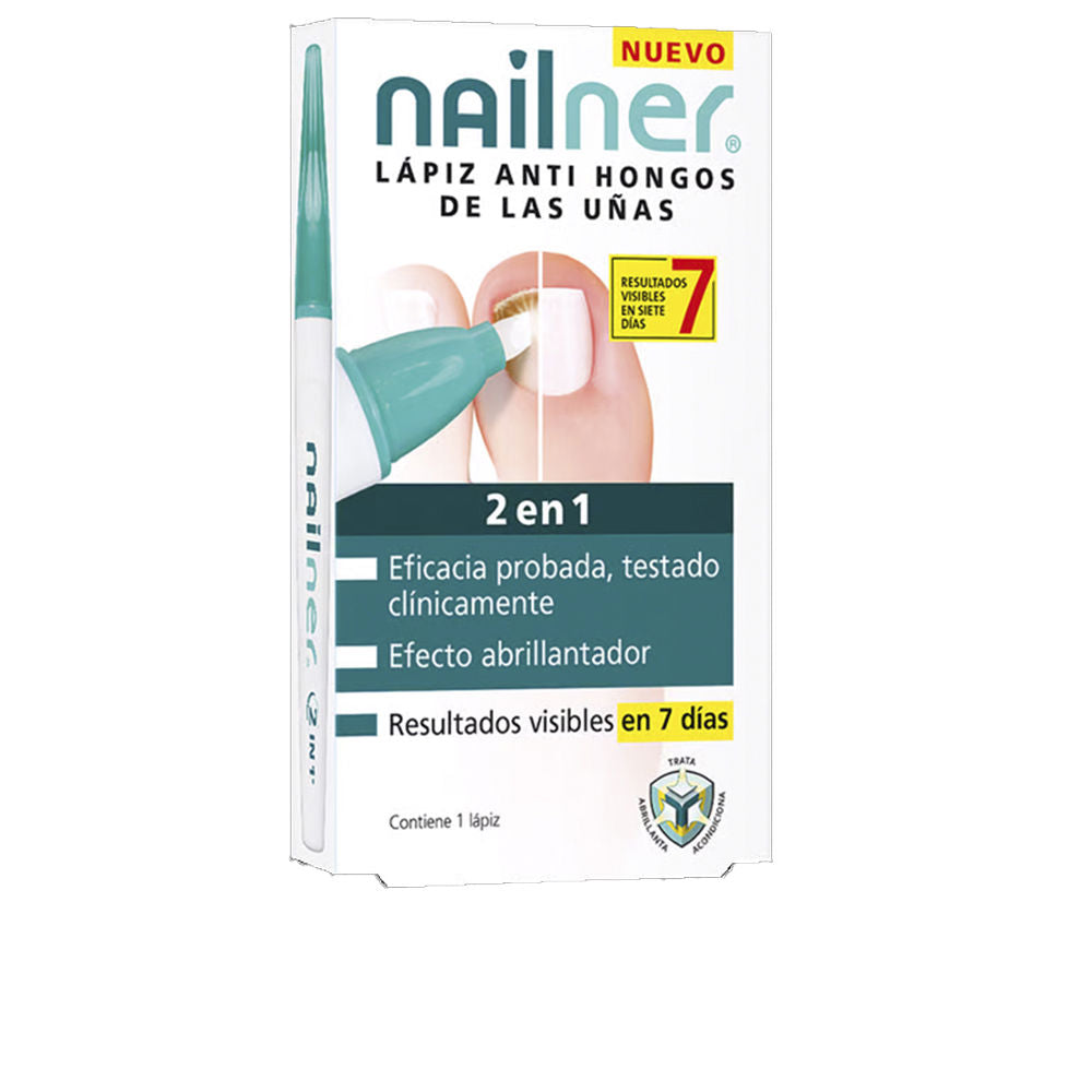 Nailner Slim white and teal nail antifungal pen with brush tip, pen-like applicator and clinical results packaging