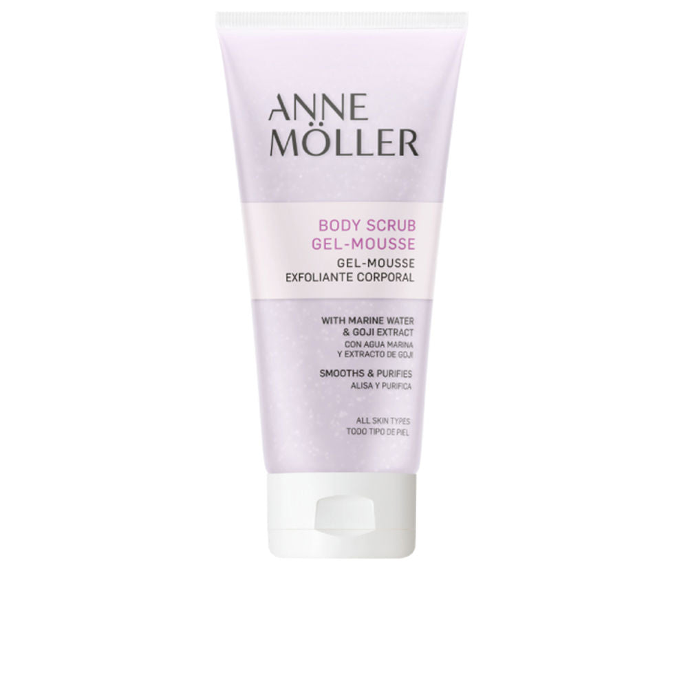Anne Möller Minimalist plastic tube with flip-top cap showing light purple gel texture, logo and multilingual text