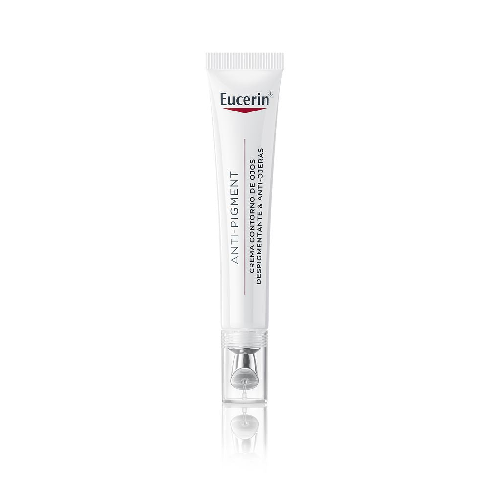 White cream tube with metallic applicator tip and clear cap, minimalist plastic packaging by Eucerin