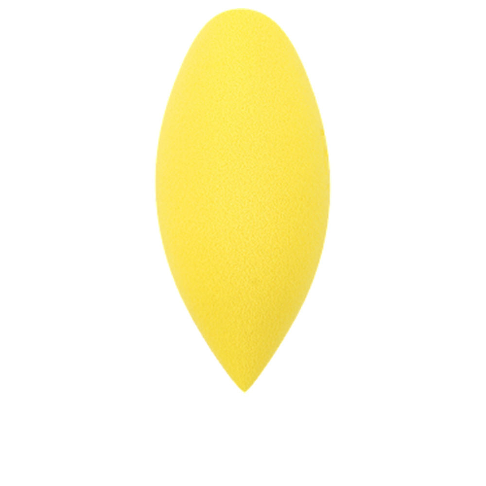 Real Techniques Yellow foam teardrop makeup sponge with pointed tip and rounded base, smooth texture