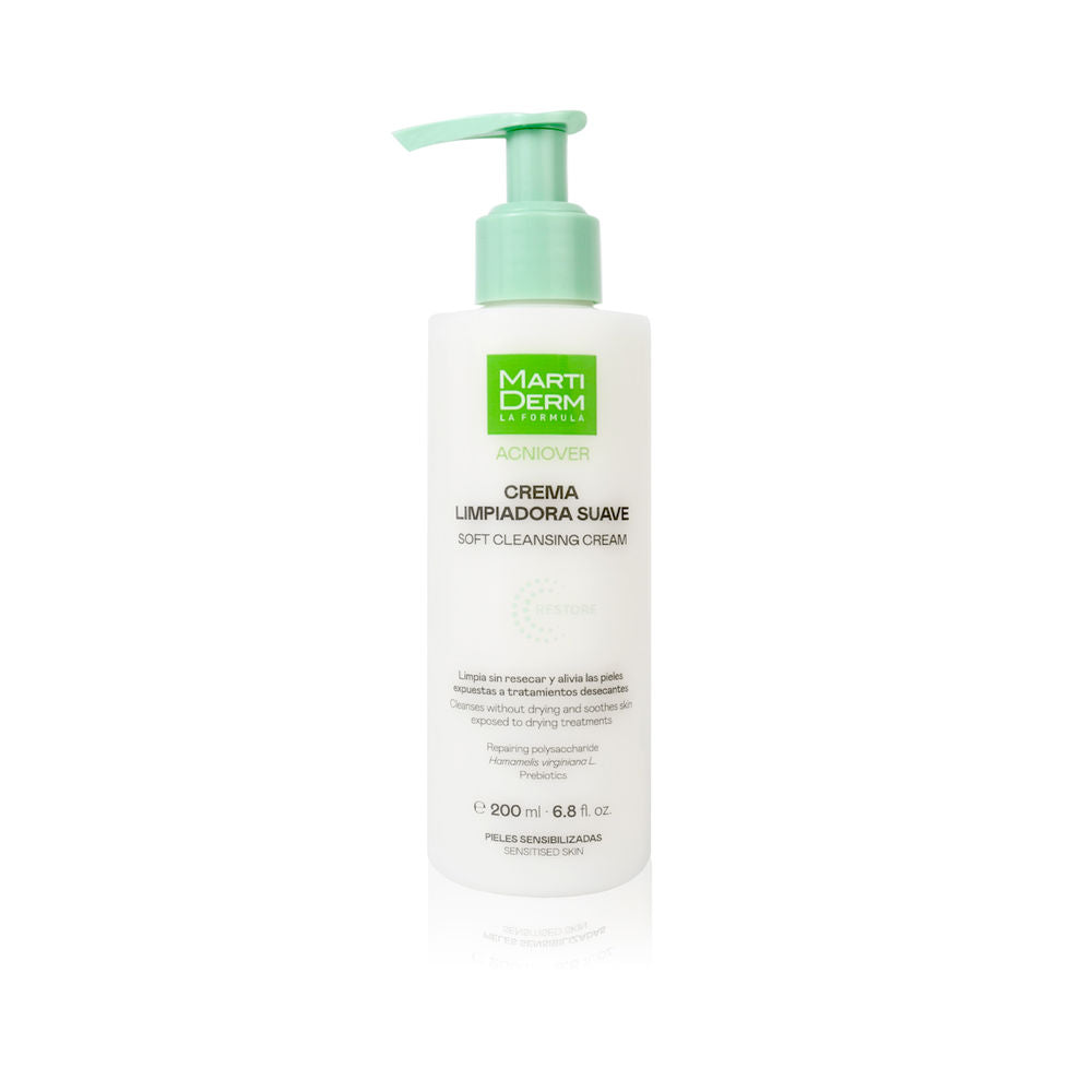 Martiderm White and light green plastic rectangular cleansing cream bottle with pump, printed label and green logo box