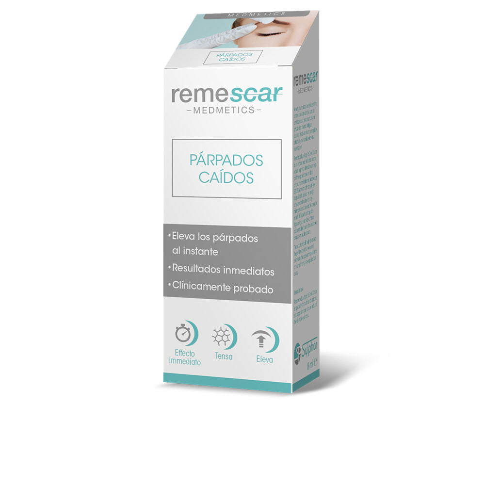 Compact tube of Remescar Drooping Lids treatment shown beside an eye silhouette