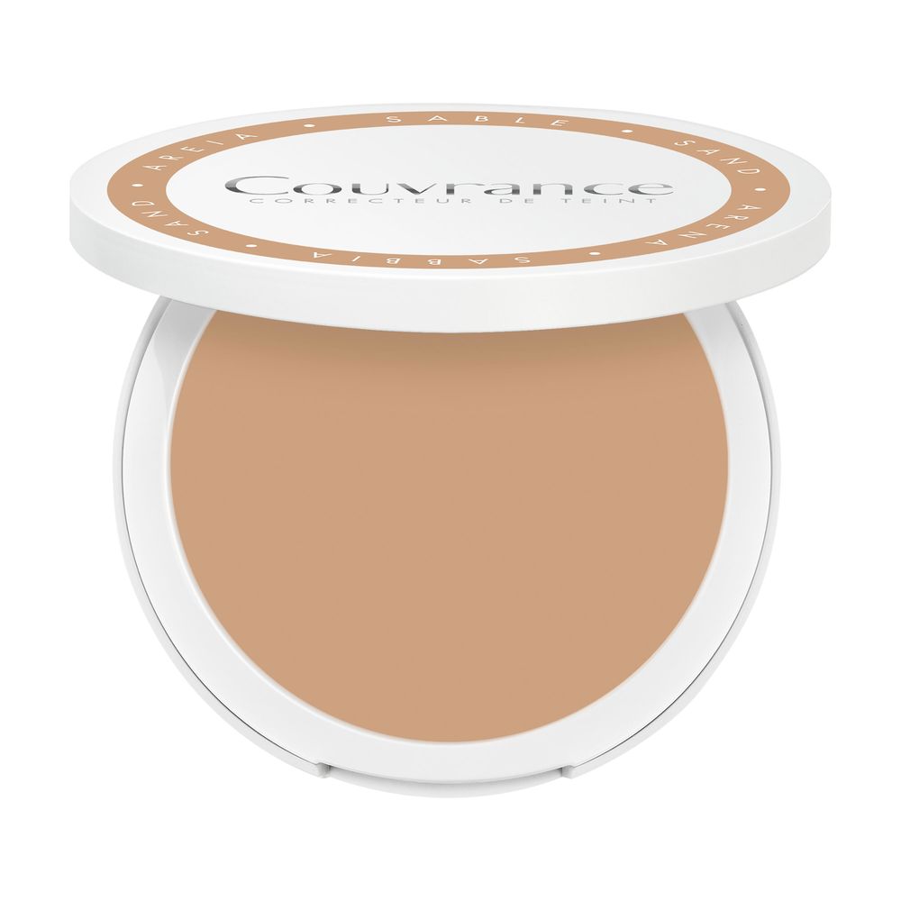 Compact cream foundation in neutral beige, cream texture, compact case