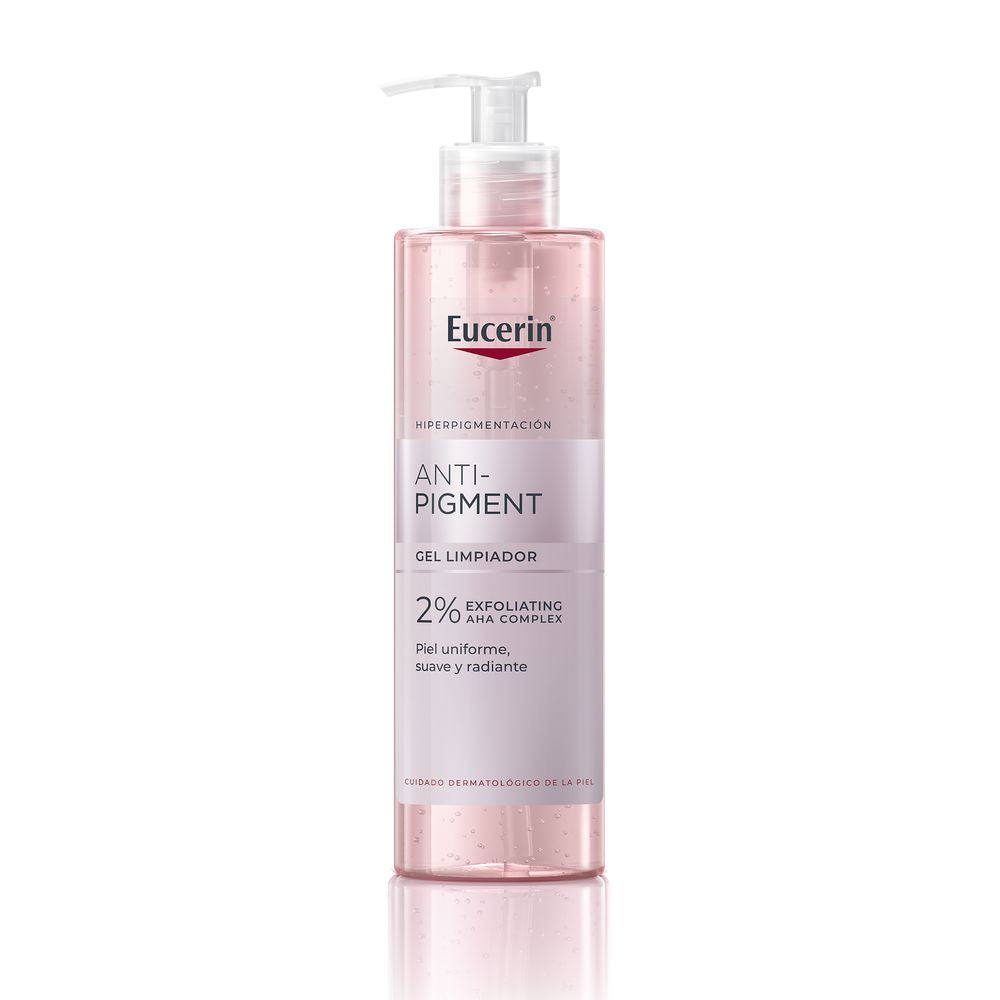 Eucerin Pink transparent plastic bottle with pump, visible gel and bubbles, labeled facial cleanser