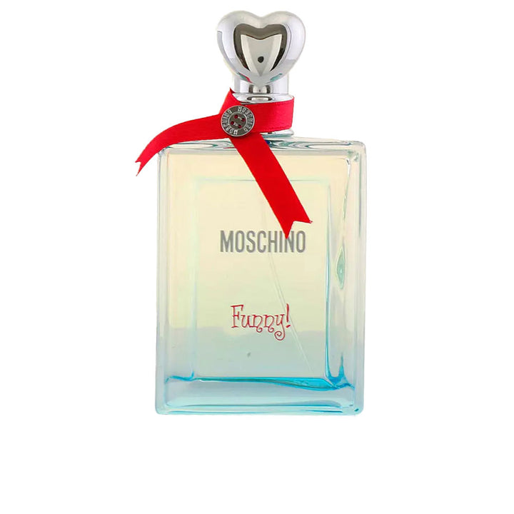 Clear glass 100 ml perfume bottle with silver heart cap and fuchsia bow