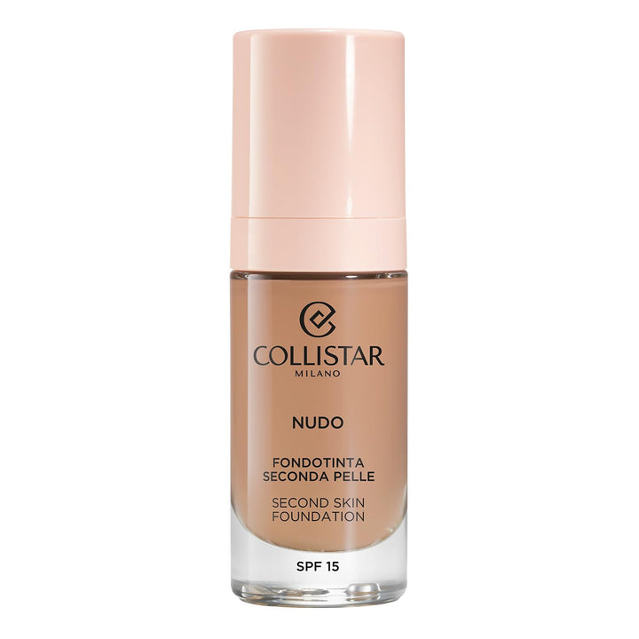 30 ml pump bottle of fluid second-skin foundation, shade 5N Ambra, water-resistant