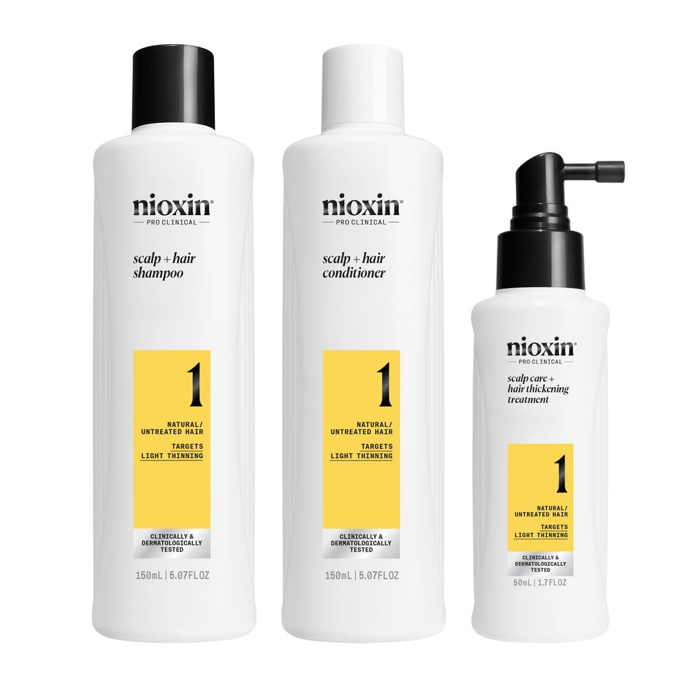 Three hair-care bottles; three-step scalp fortifying system for Unisex thinning hair