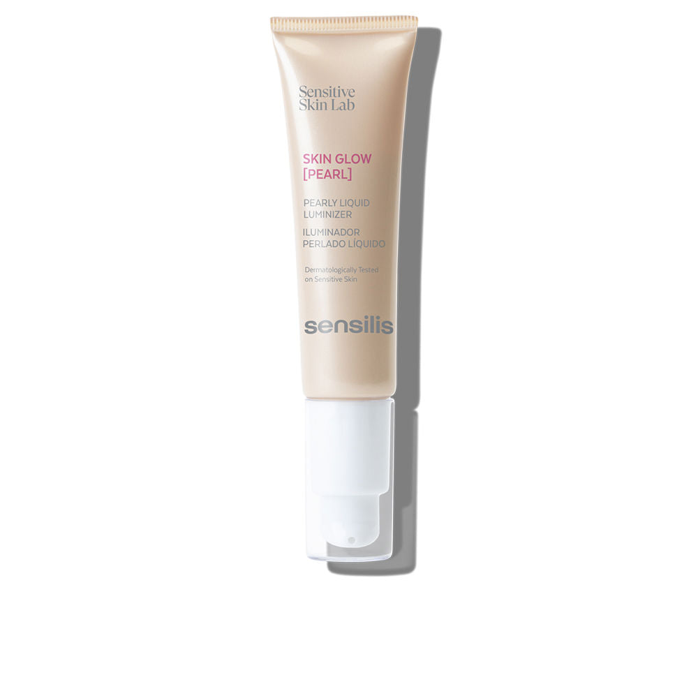 Sensilis Beige-and-white liquid luminizer in minimalist plastic tube with pump dispenser, pearlescent sheen