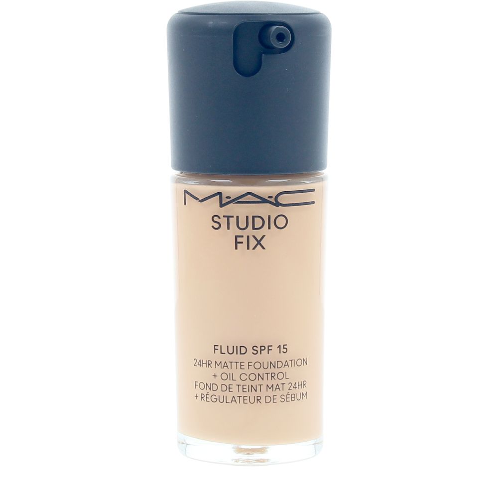 Mac Beige liquid foundation in transparent glass bottle with pump dispenser, black cap, printed text