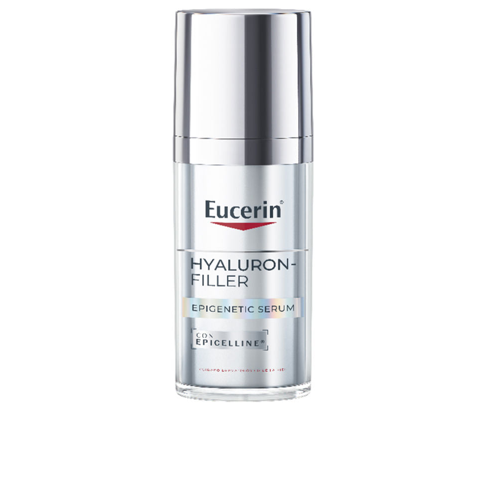 Eucerin Silver cylindrical serum bottle with metallic finish and pump dispenser, printed brand and product text