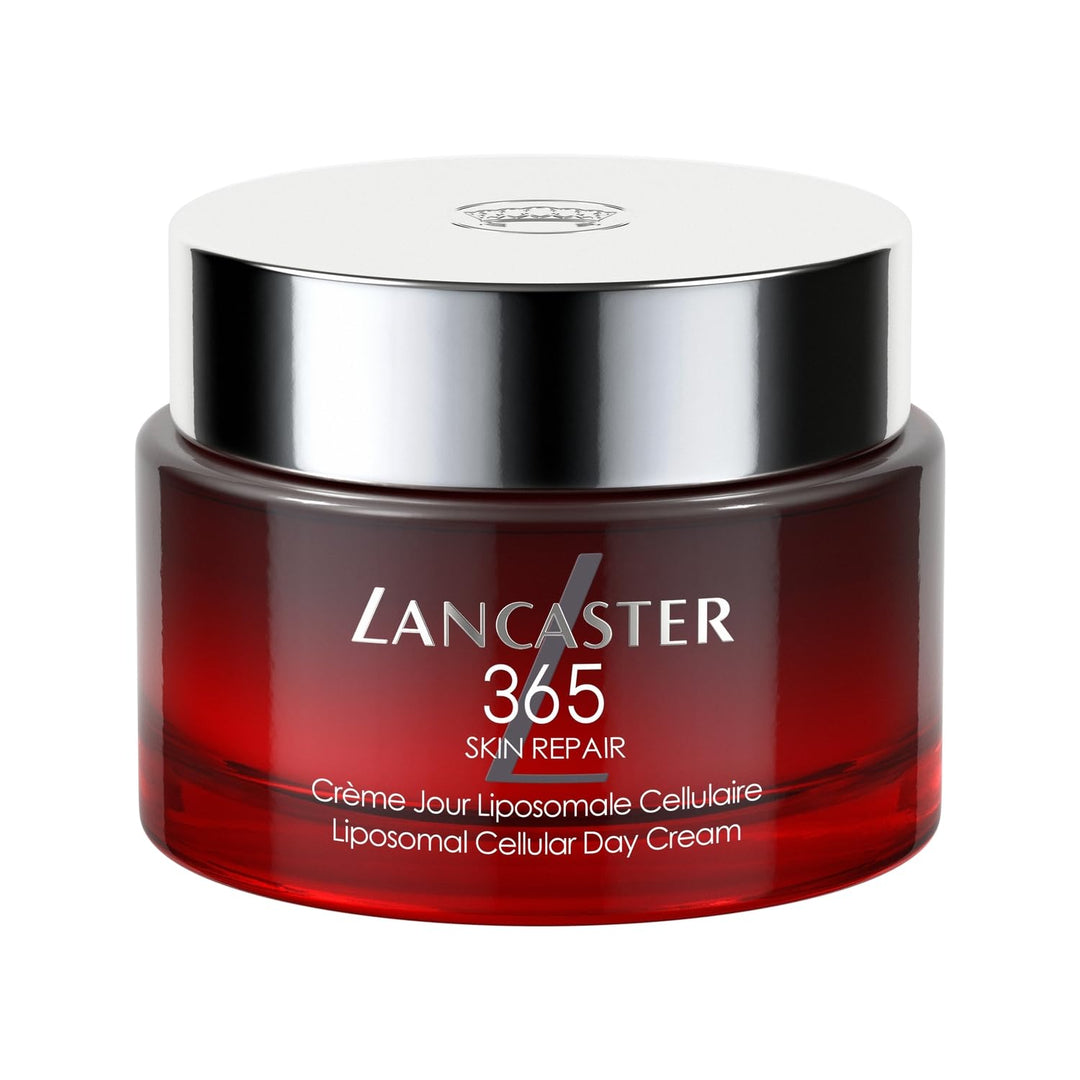 Lancaster 365 Skin Repair Day Cream jar beside soft fabric, skincare still life