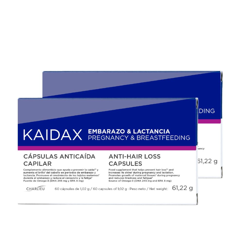 Topicrem Blue, white, and purple cardboard box of capsules with bilingual English and Spanish text, clean informative design