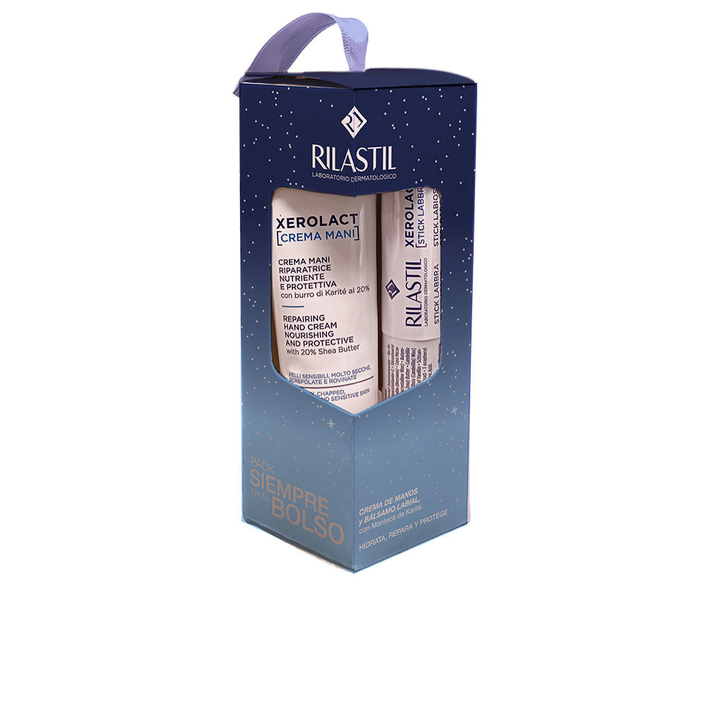 Tube of Rilastil reparative hand cream on neutral background, moisturizing care for hands