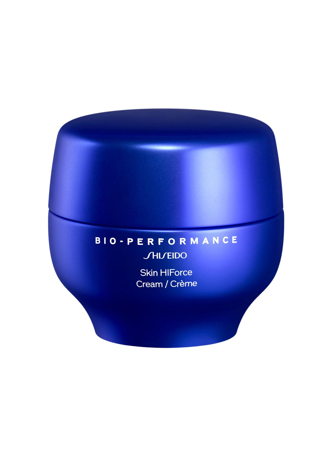 Shiseido Glass jar of rich regenerating cream with silver lid, clean neutral background
