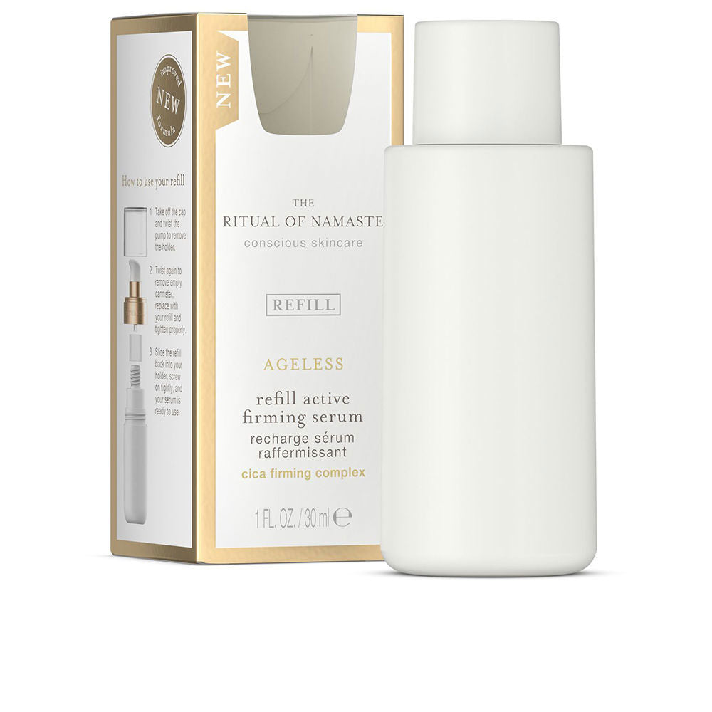 Rituals white plastic serum refill bottle with screw cap, rectangular box, gold border, minimalist text