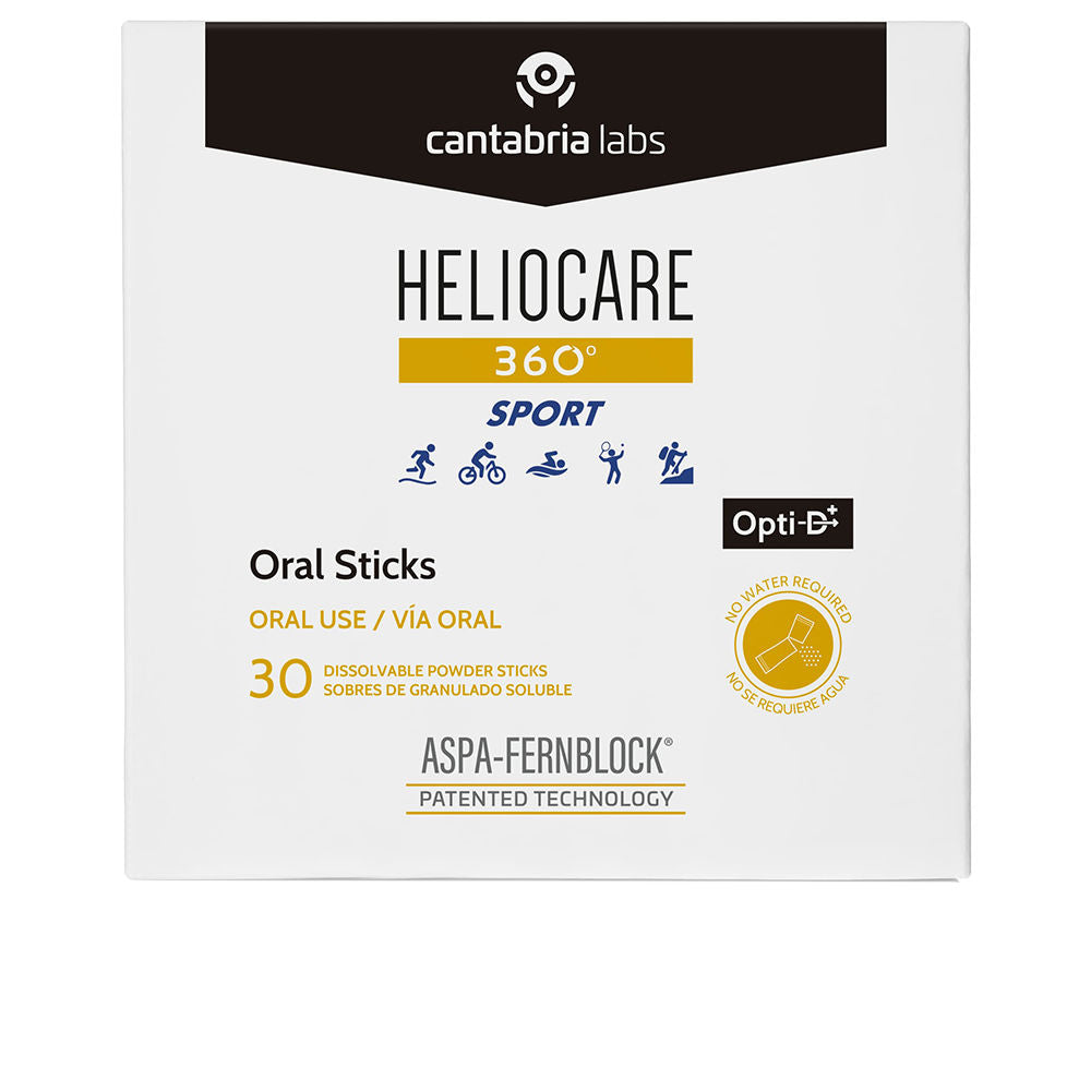 Heliocare white, black, yellow, blue single-use oral sun defense stick with sport icons and Opti-D+ logo