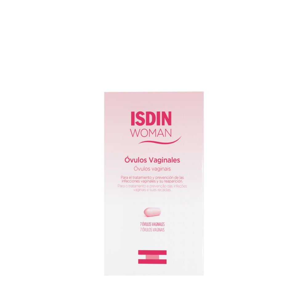 Isdin Pink and white minimalist box with capsule illustration and product text, photographed on clean background