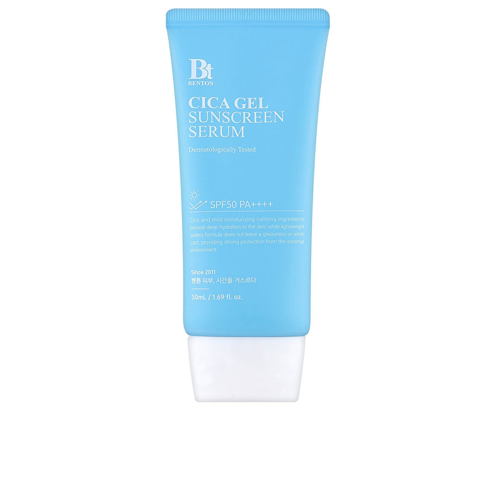 Benton Light blue plastic sunscreen serum tube with white flip cap, matte finish and printed text