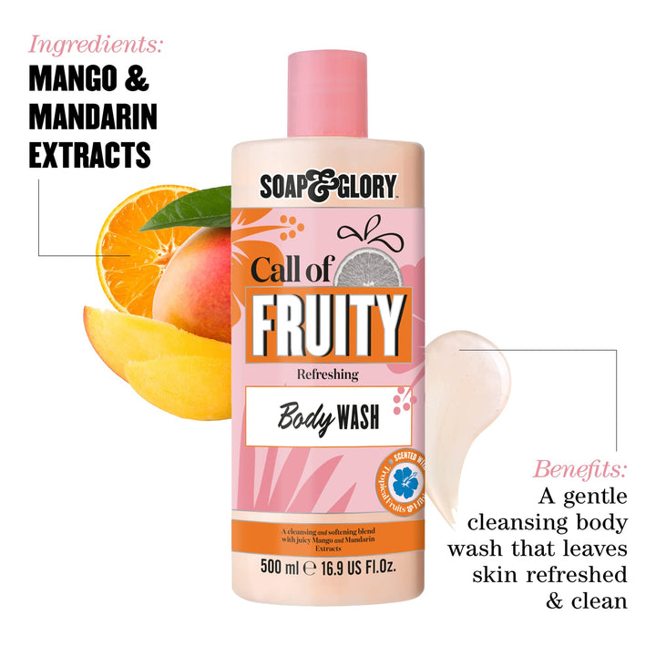 Soap &amp; Glory Plastic cylindrical body wash bottle in pink, orange and beige with flip-top cap, fruit and floral graphics, bold text branding, measurement markings — .