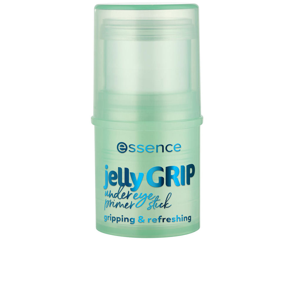 Light green cylindrical under-eye primer stick with transparent cap, printed text and pump dispenser, Essence