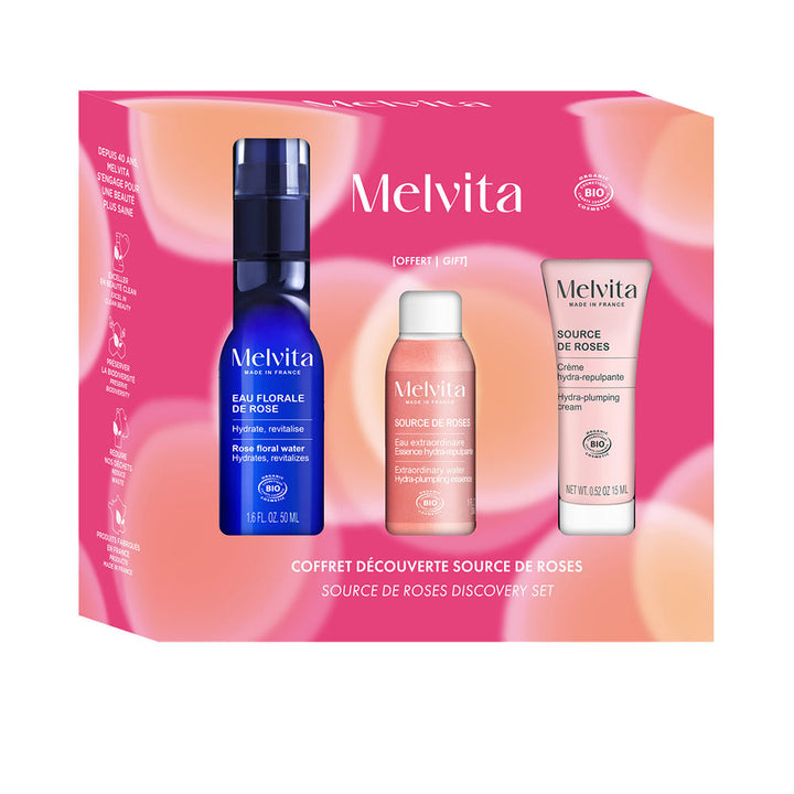 Pink and blue modern bottle, tube, and small jar with organic cosmetic logo, clean design, Melvita