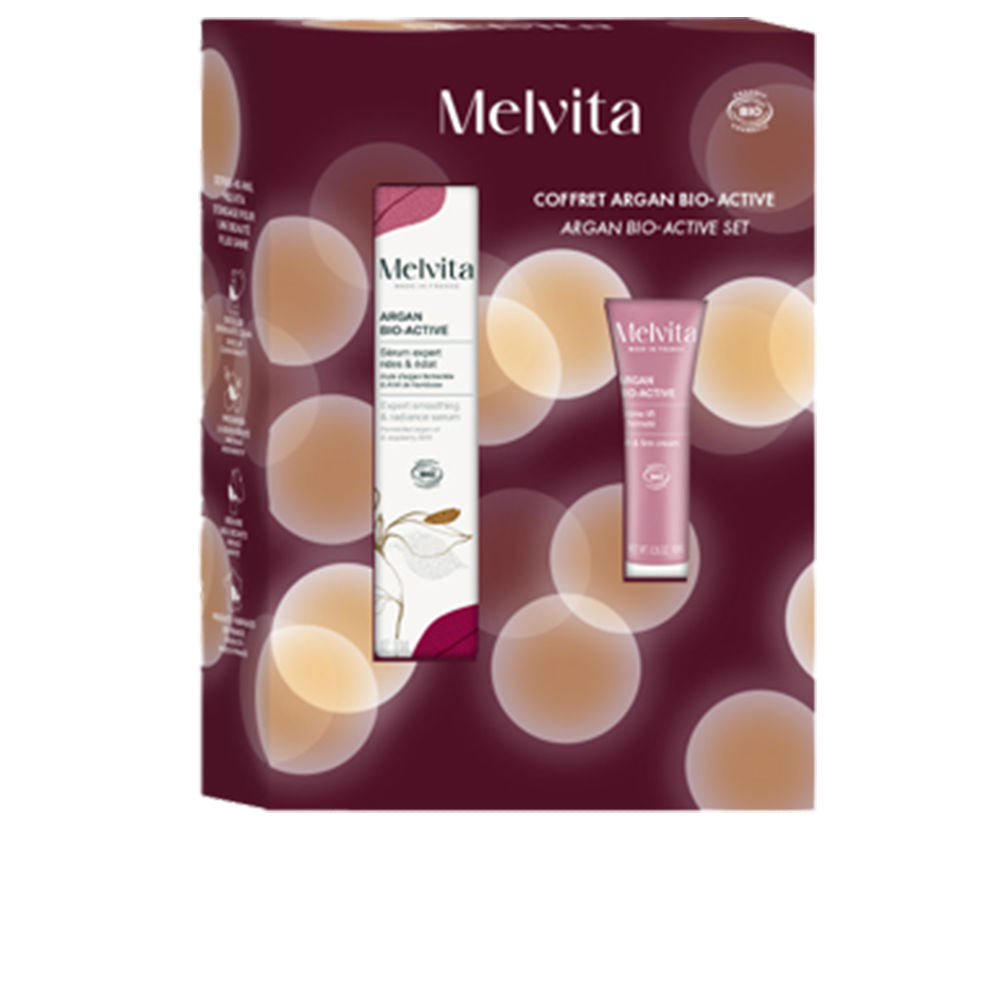 Melvita Modern elegant cosmetic set in burgundy, beige, white, pink paper box showing circular light spots and two product images