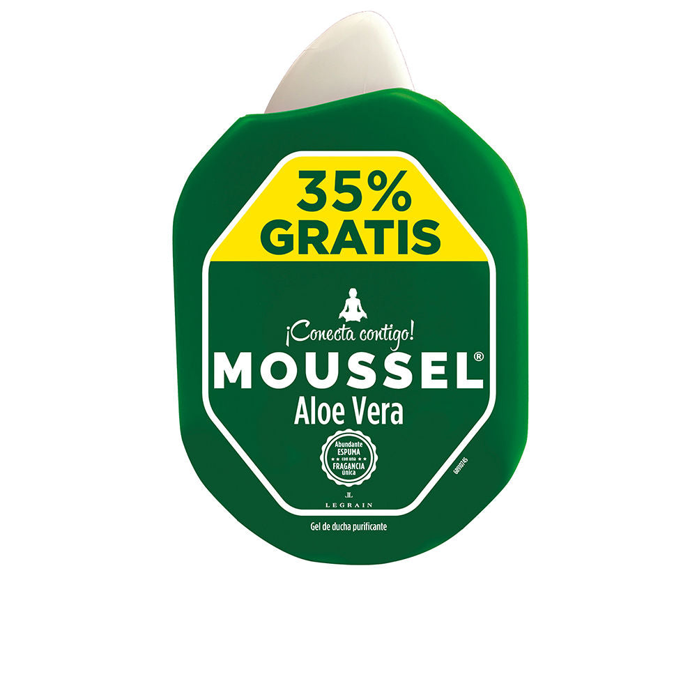 Bottle of Moussel Aloe Vera body wash against a clean neutral background