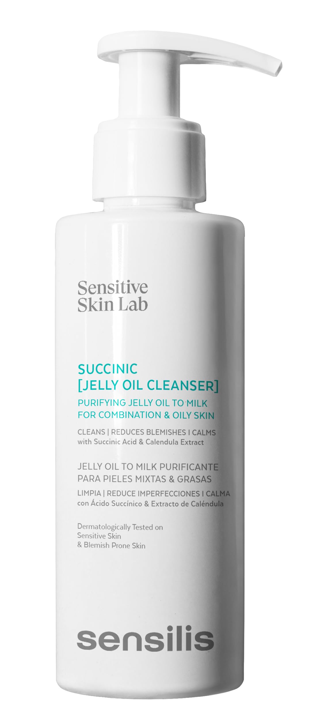 Sensilis Succinic Jelly Oil Cleanser bottle and gel-to-milk texture demonstration