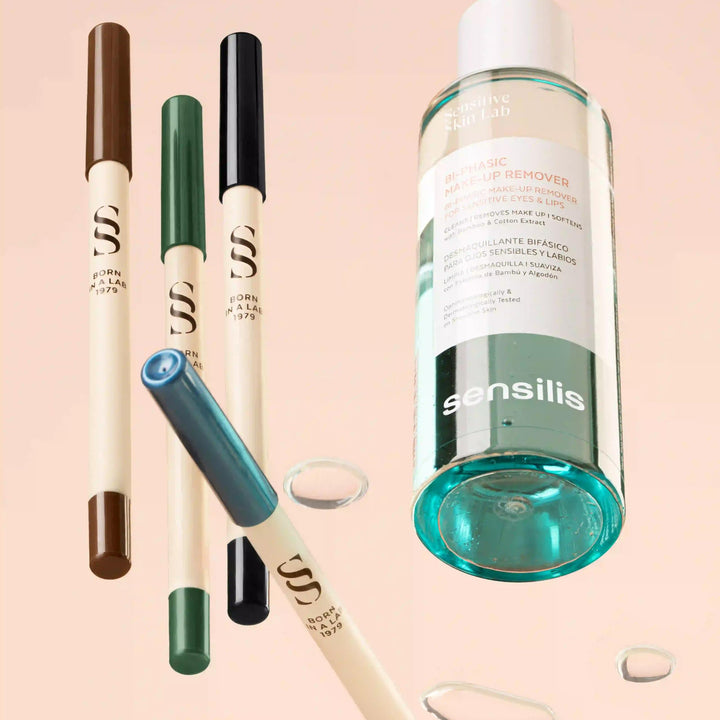 Sensilis beige and blue eyeliner pencil with slim cylindrical body, blue caps, and black printed logo
