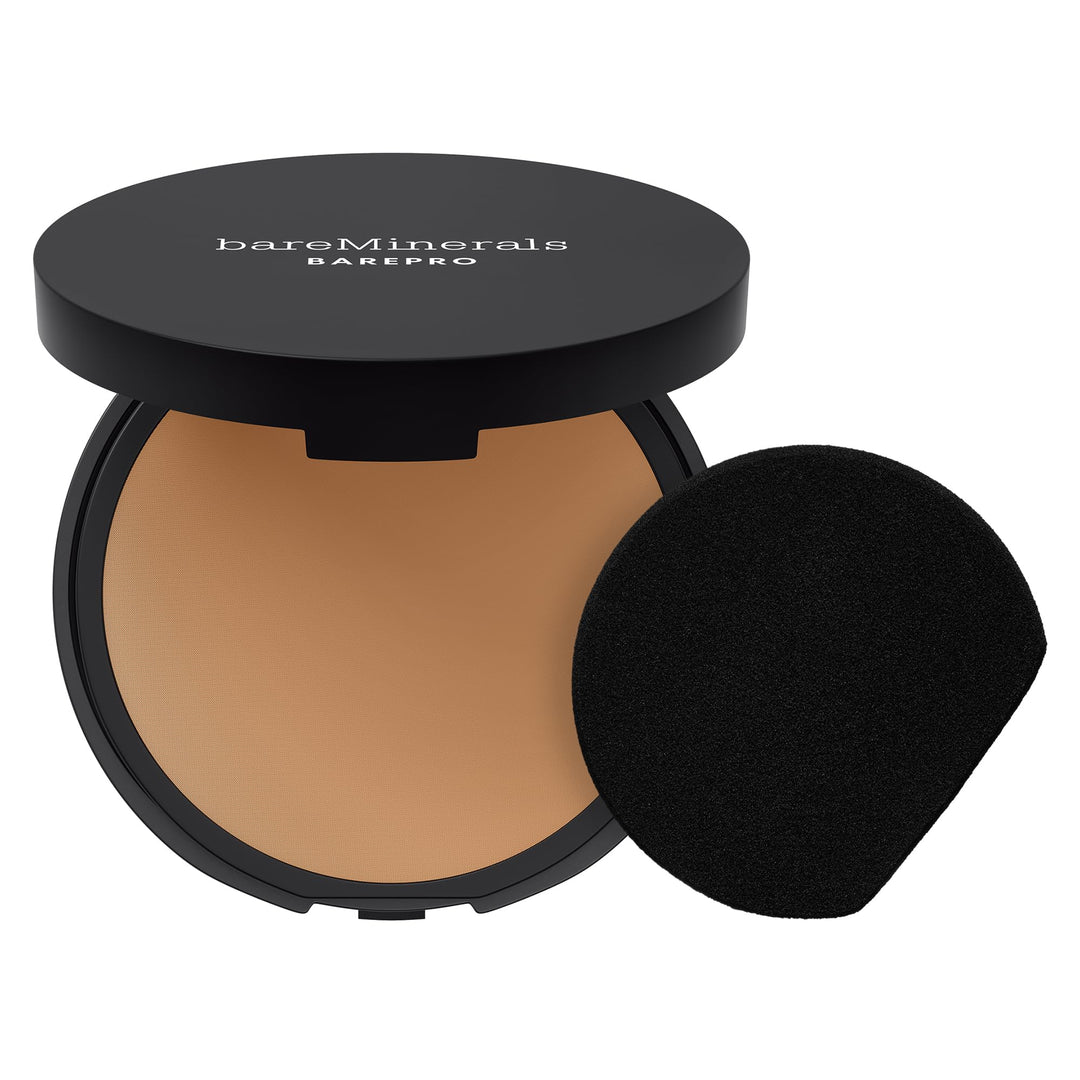 Compact powder foundation, medium‑deep warm shade, 8 g pan in compact case