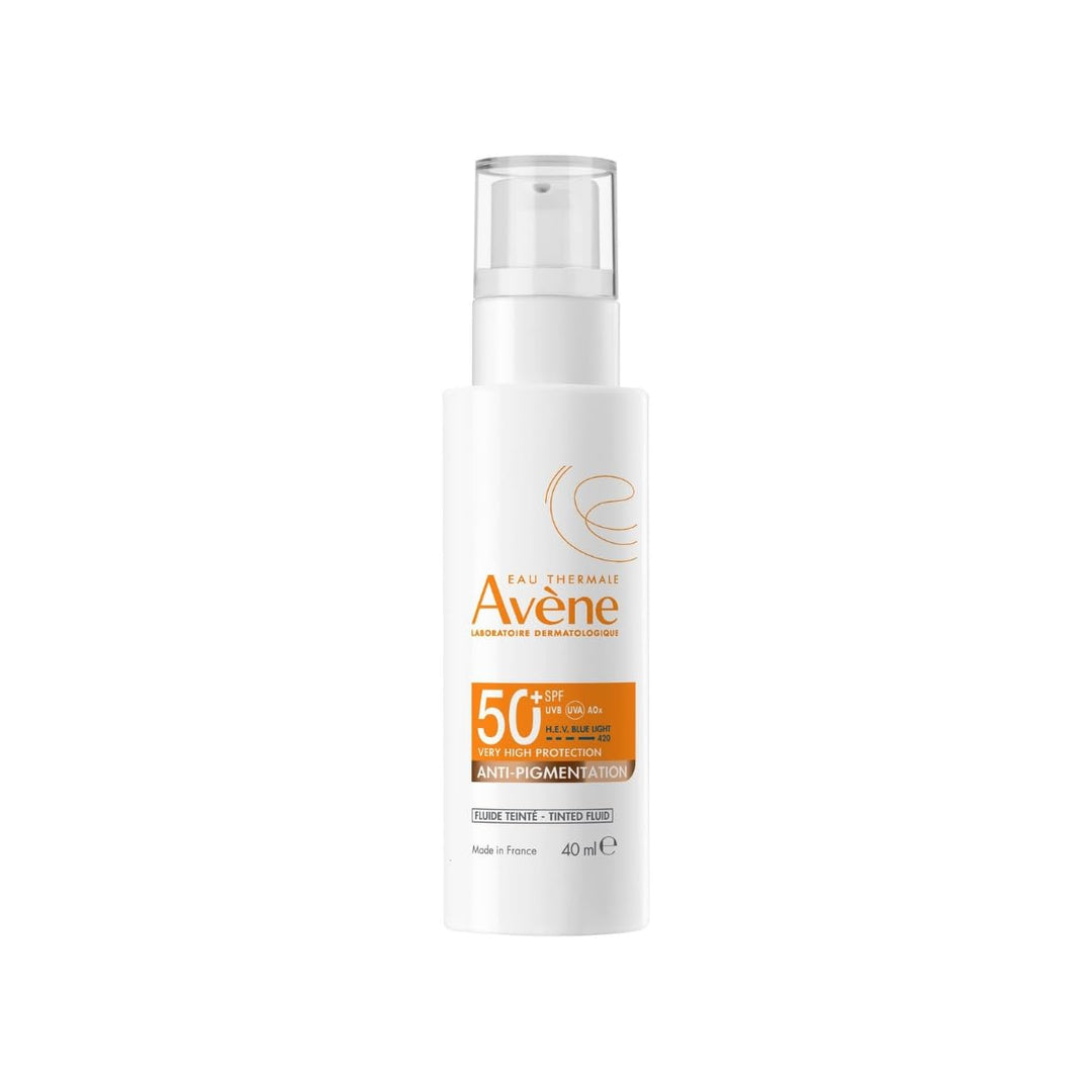 Avène slim tinted pump bottle of SPF50+ fluid, light beige lotion in sleek opaque container