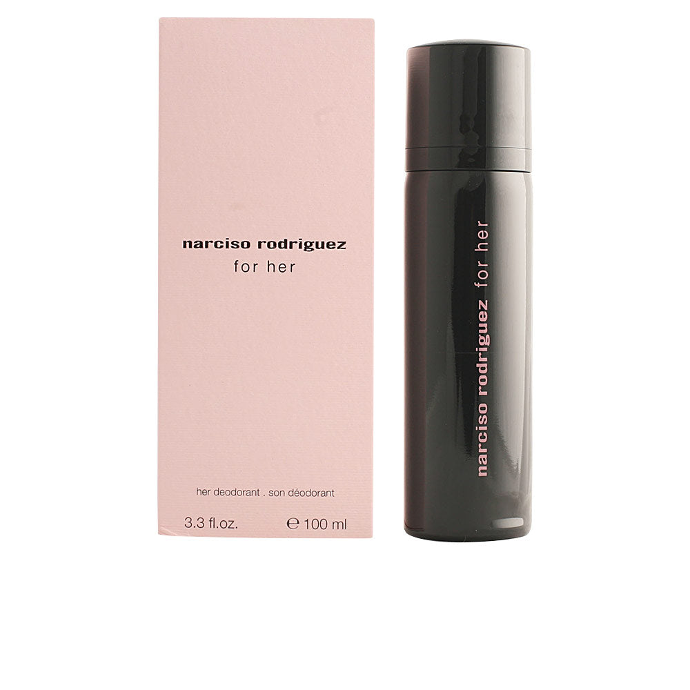 Slim aerosol bottle of Narciso Rodriguez FOR HER deodorant spray, elegant white design