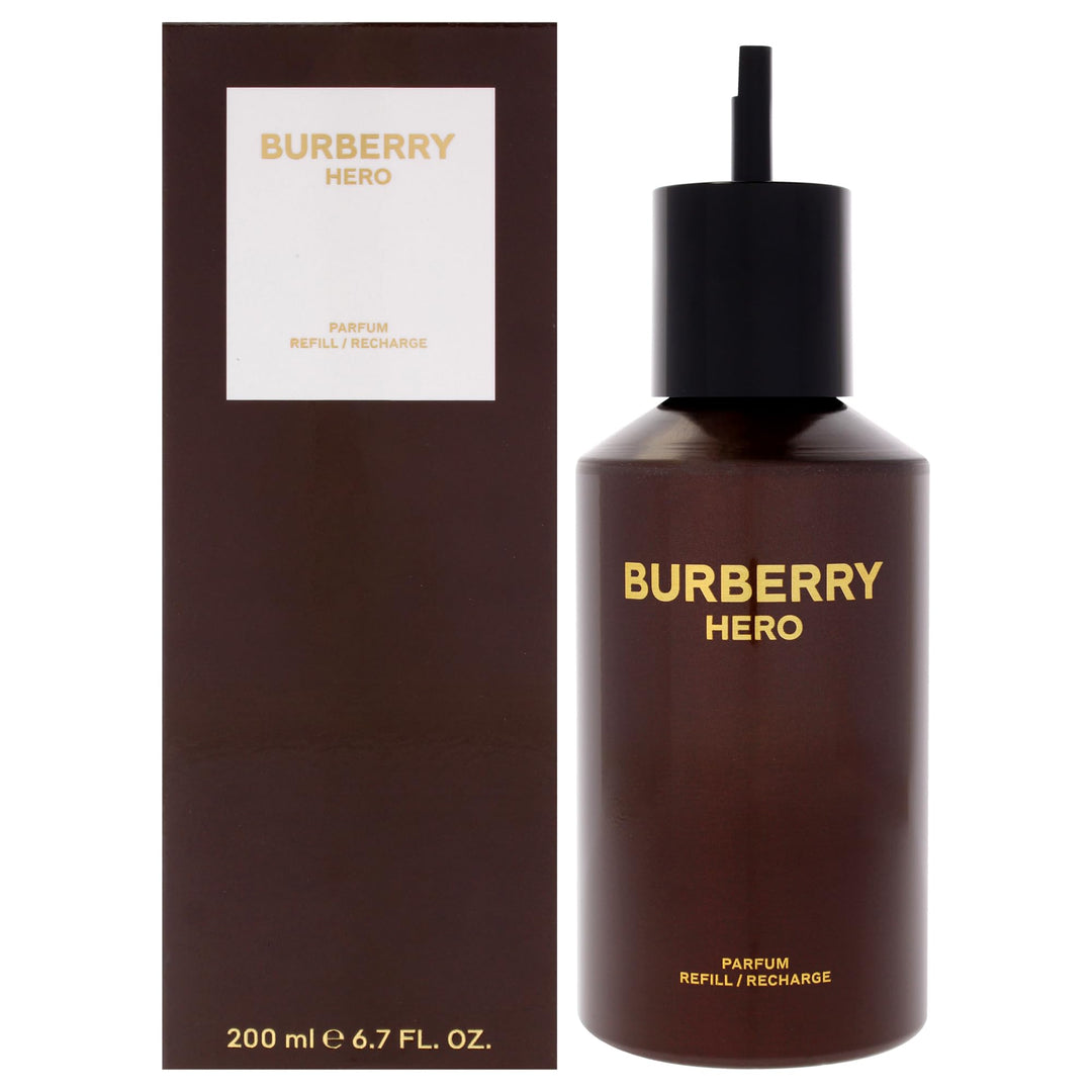 Geometric glass bottle of Burberry Hero Parfum with iconic Burberry emblem